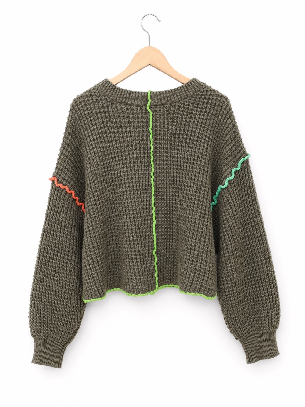 New IN Women’s Waffle Knit Sweater Medium Brown Neon Contrast Stitch - Picture 14 of 15